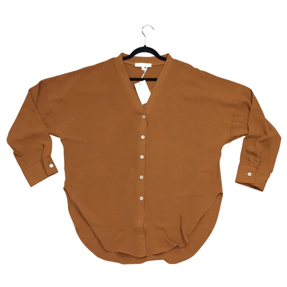 HDYWT Essential Button Down V-Neck Scoop Hem Flowy Shirt L/XL -NWT